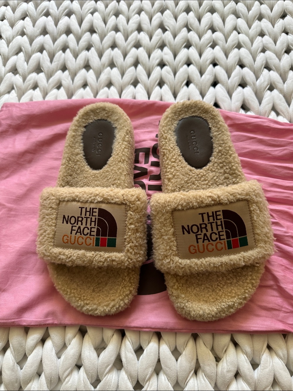 Gucci Shearling Slip-On Slides in Beige with Multicolor Logo Patch